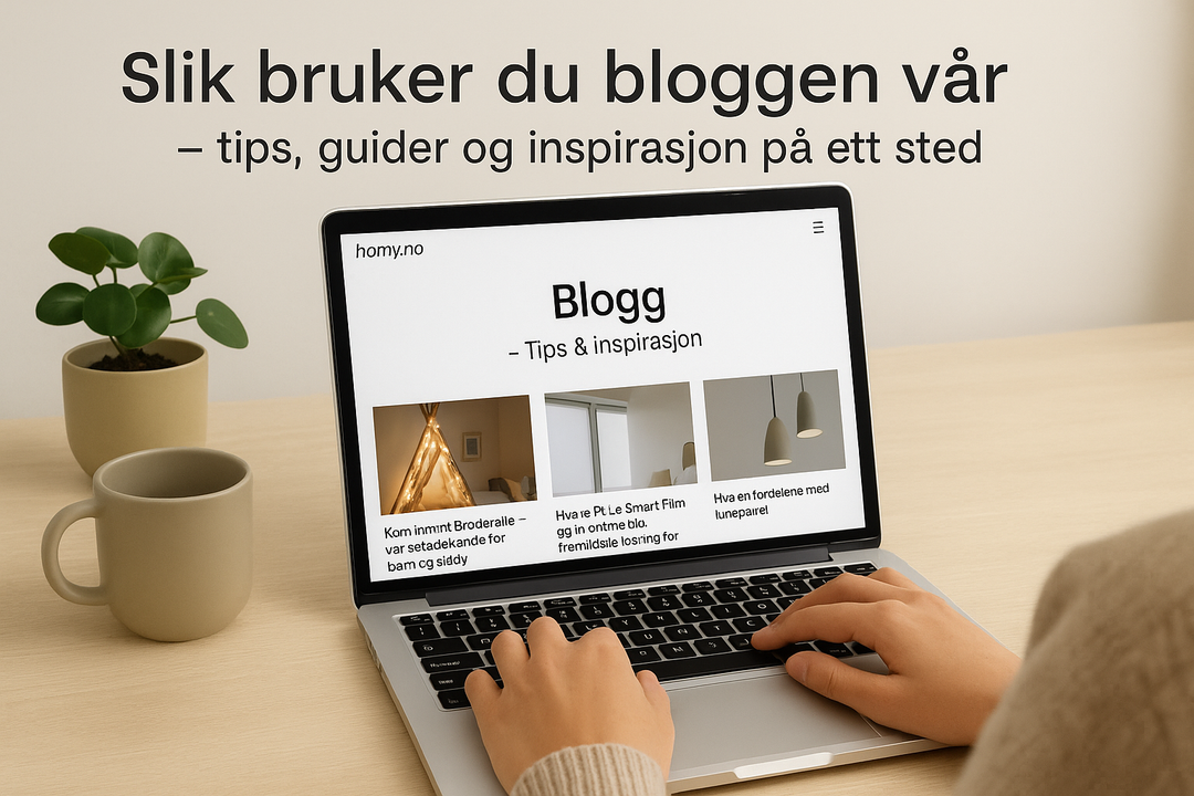 En person som leser en blogg på nettbrett mens de planlegger oppussing med kontaktplast, fliser og spilepaneler fra Homy.no.