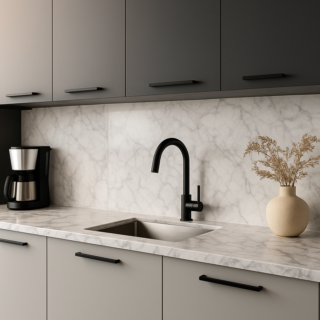 Moderne kjøkken med kontaktplast i marmorlook på benkeplate og veggfliser med marmorstruktur – elegant og budsjettvennlig stiloppgradering.