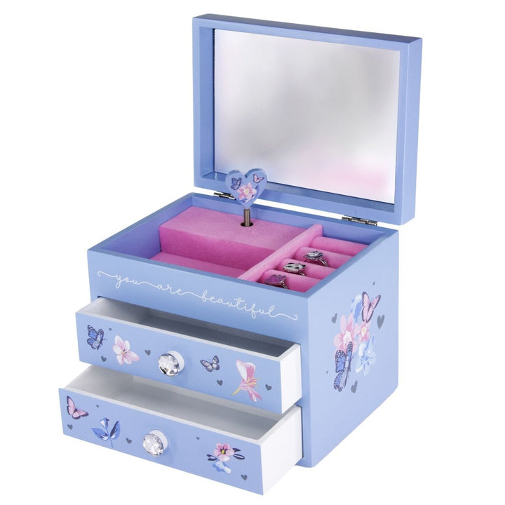 Tinka Smykkeskrin i tre med sommerfugl og musikk - Blå - Homy
