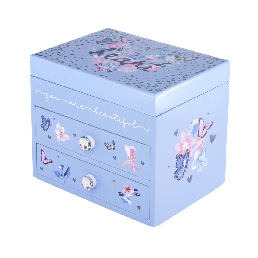 Tinka Smykkeskrin i tre med sommerfugl og musikk - Blå - Homy